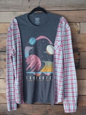 Upcycled  Gray Graphic Tee with  Plaid Shirt